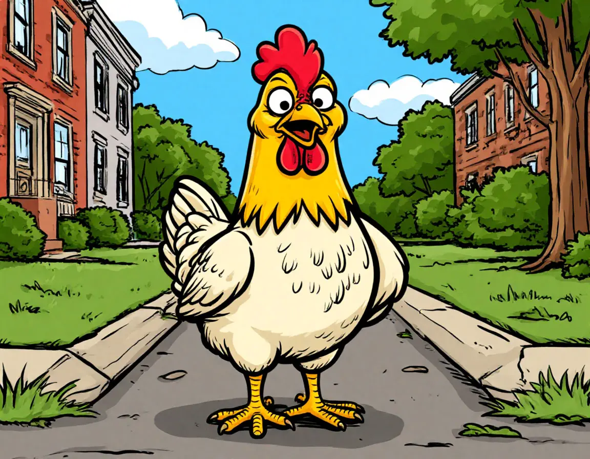 Comic panel: chicken hesitates at the curb