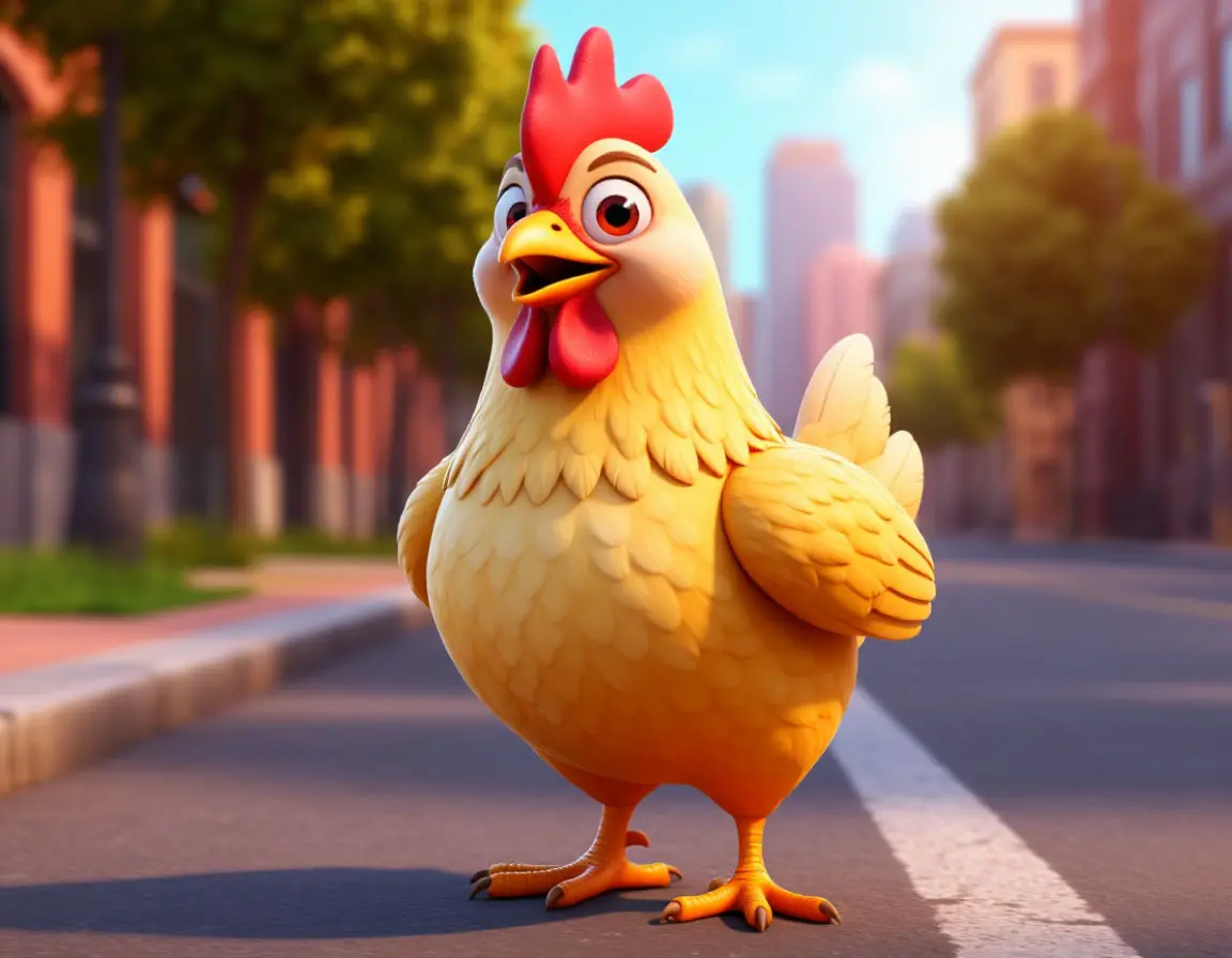 Hero chicken standing fearless at the curb