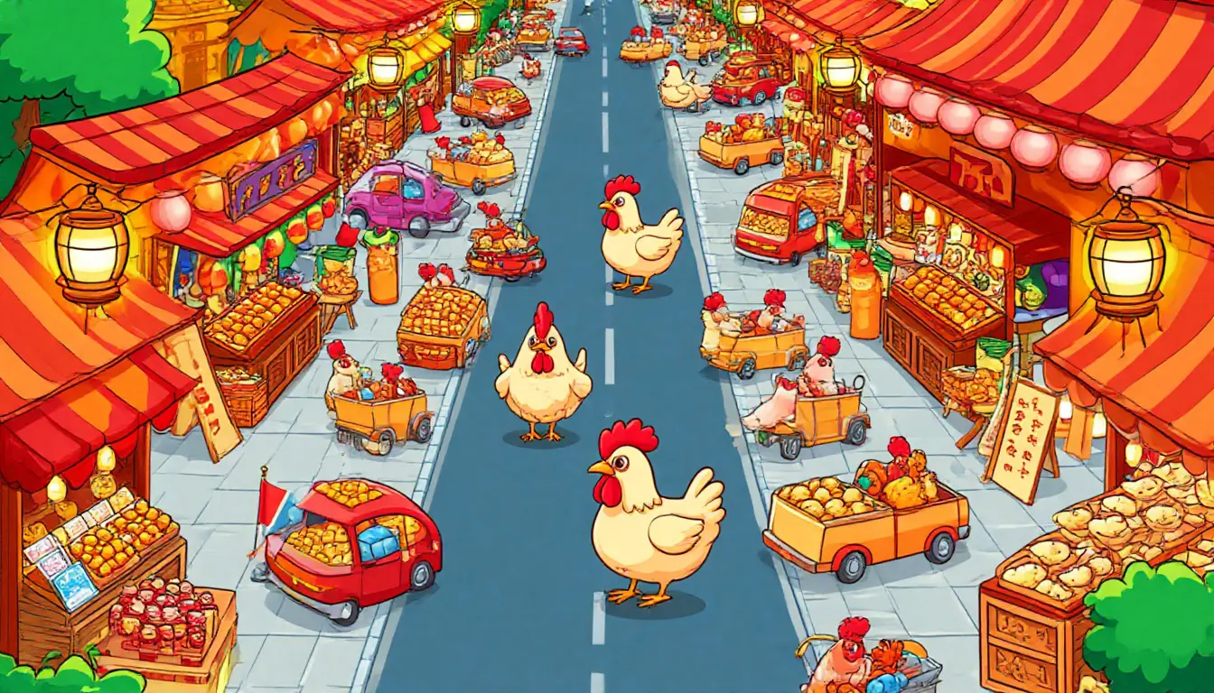 Overview: the chicken weaving through festival traffic